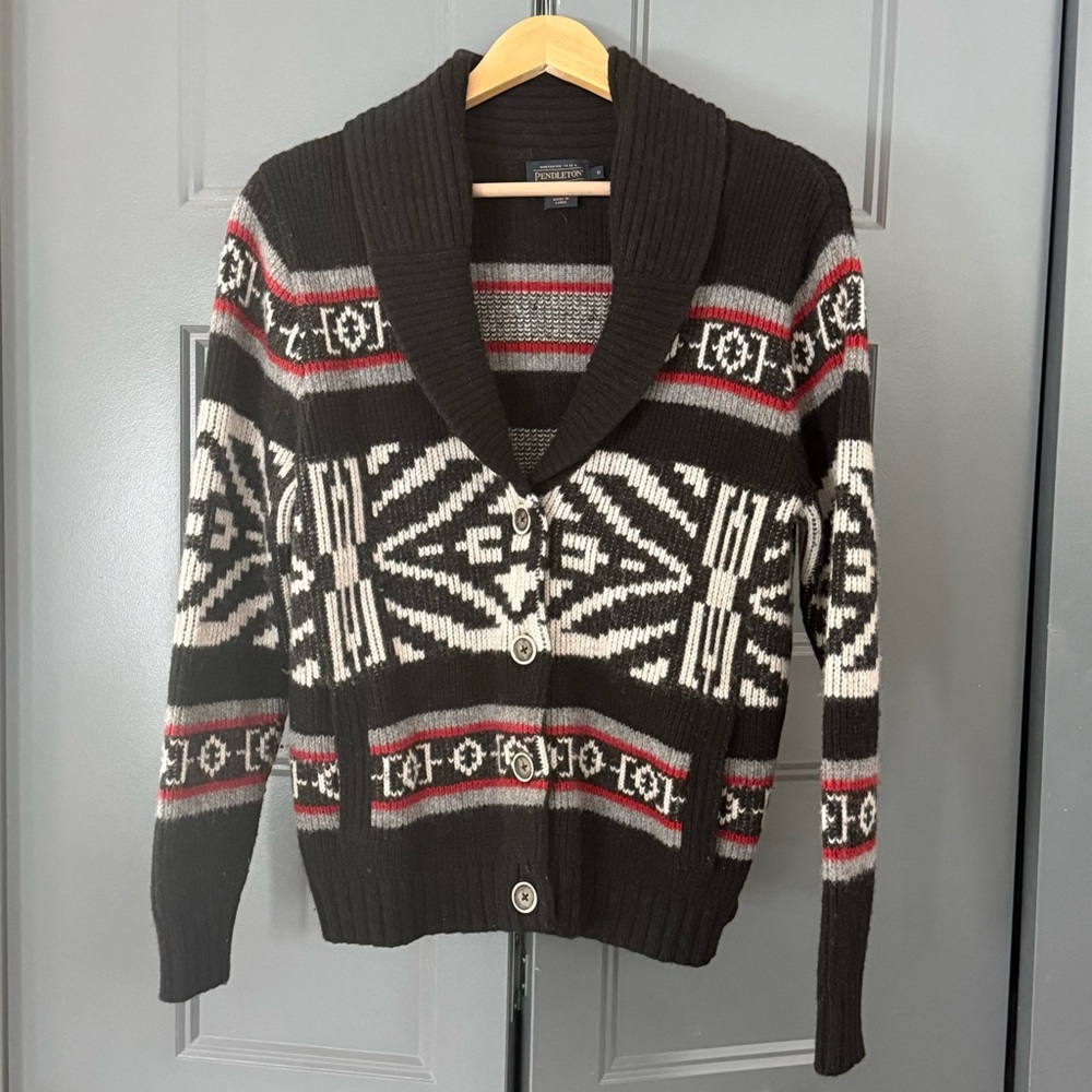 Pendleton BLACK/IVORY/RED Button Cardigan Sweater w Pockets sz S